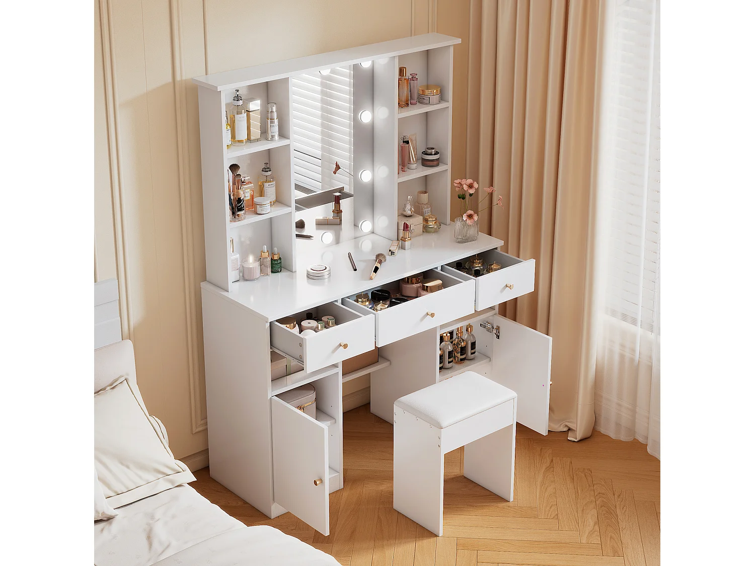 Gran tocador con espejo LED regulable, taburete incluido, 3 cajones y 2 puertas, almacenaje blanco 151x110x40 cm