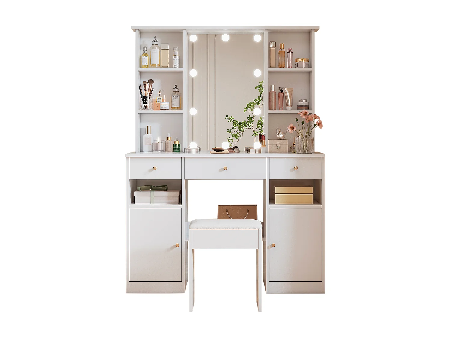 Gran tocador con espejo LED regulable, taburete incluido, 3 cajones y 2 puertas, almacenaje blanco 151x110x40 cm