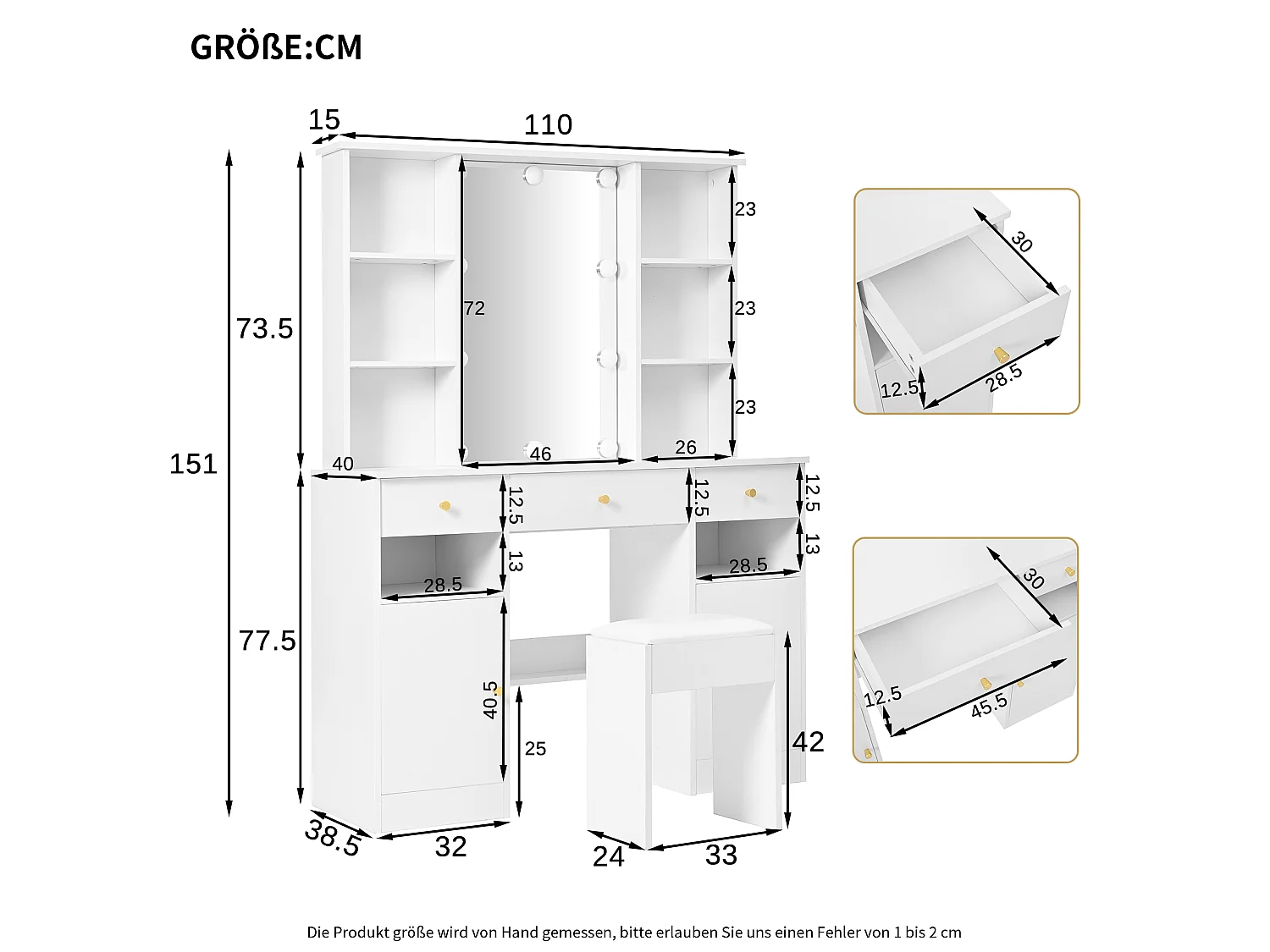 Gran tocador con espejo LED regulable, taburete incluido, 3 cajones y 2 puertas, almacenaje blanco 151x110x40 cm