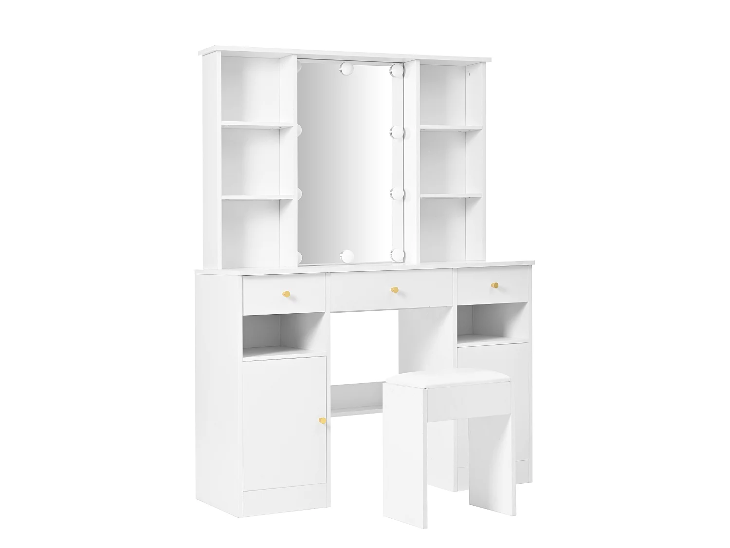 Gran tocador con espejo LED regulable, taburete incluido, 3 cajones y 2 puertas, almacenaje blanco 151x110x40 cm