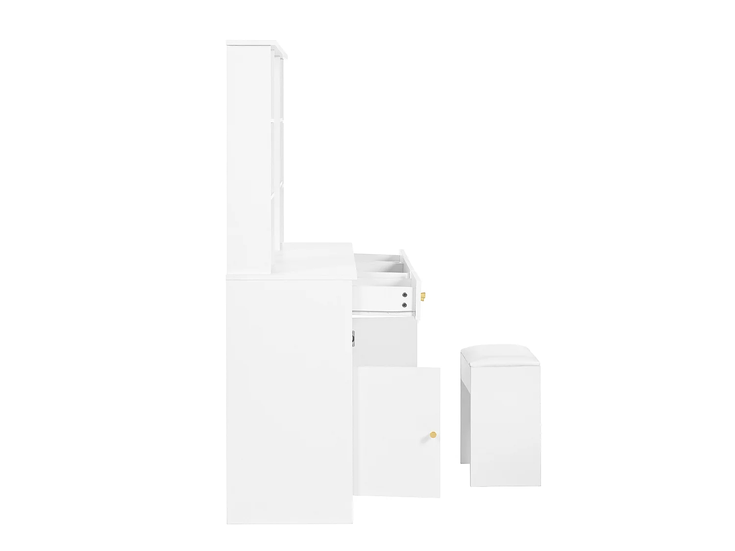Gran tocador con espejo LED regulable, taburete incluido, 3 cajones y 2 puertas, almacenaje blanco 151x110x40 cm