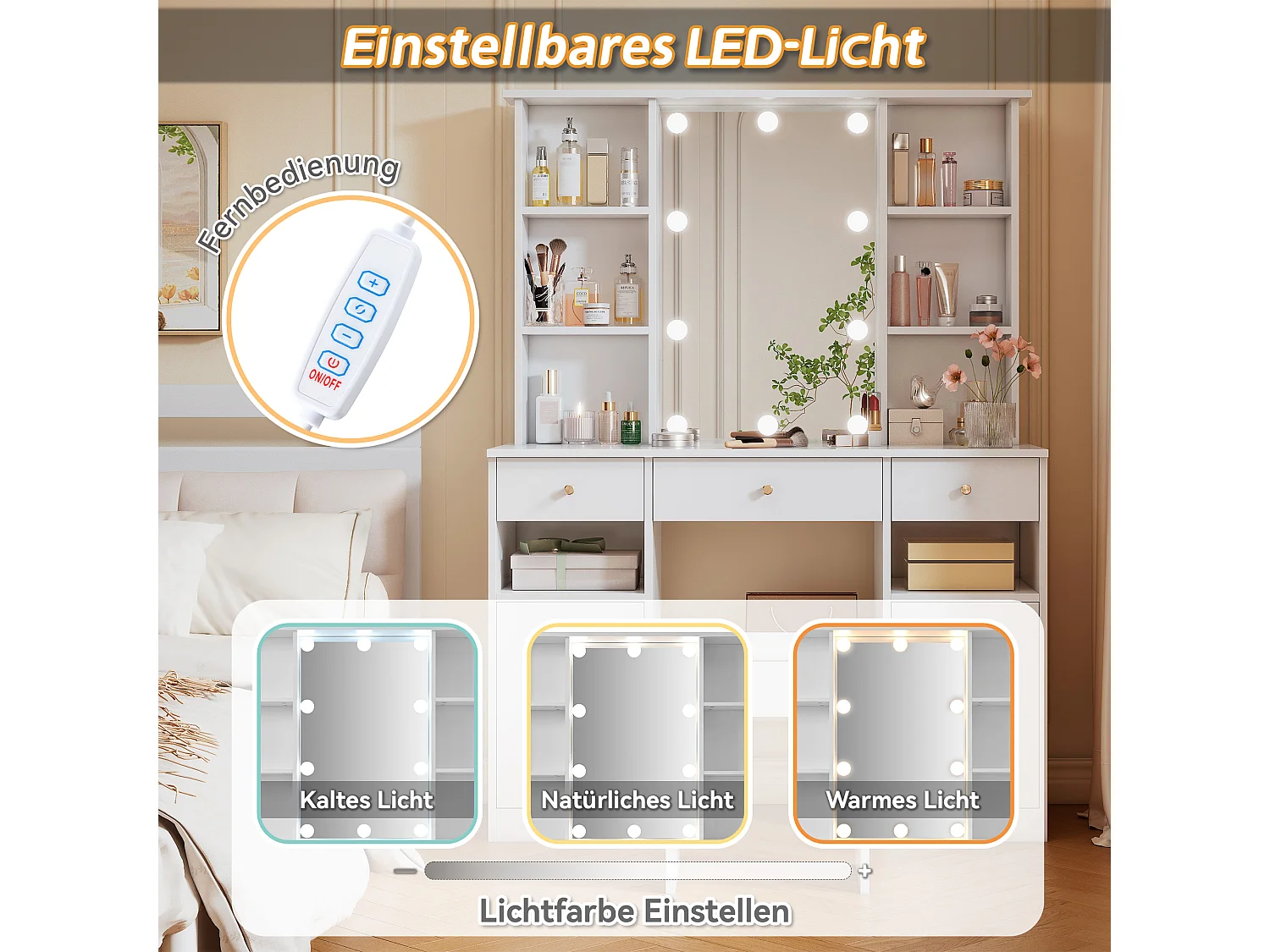 Gran tocador con espejo LED regulable, taburete incluido, 3 cajones y 2 puertas, almacenaje blanco 151x110x40 cm