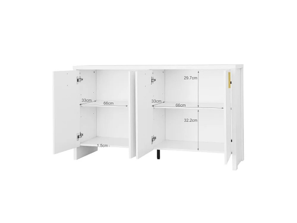 Aparador moderno con tiradores dorados, estantes ajustables, almacenamiento flexible y elegante para salón