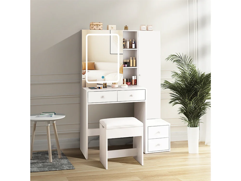 Cómoda Blanca con Espejo LED Tricolor Deslizante, 4 Cajones y Almacenaje Práctico – 100x40x142 cm