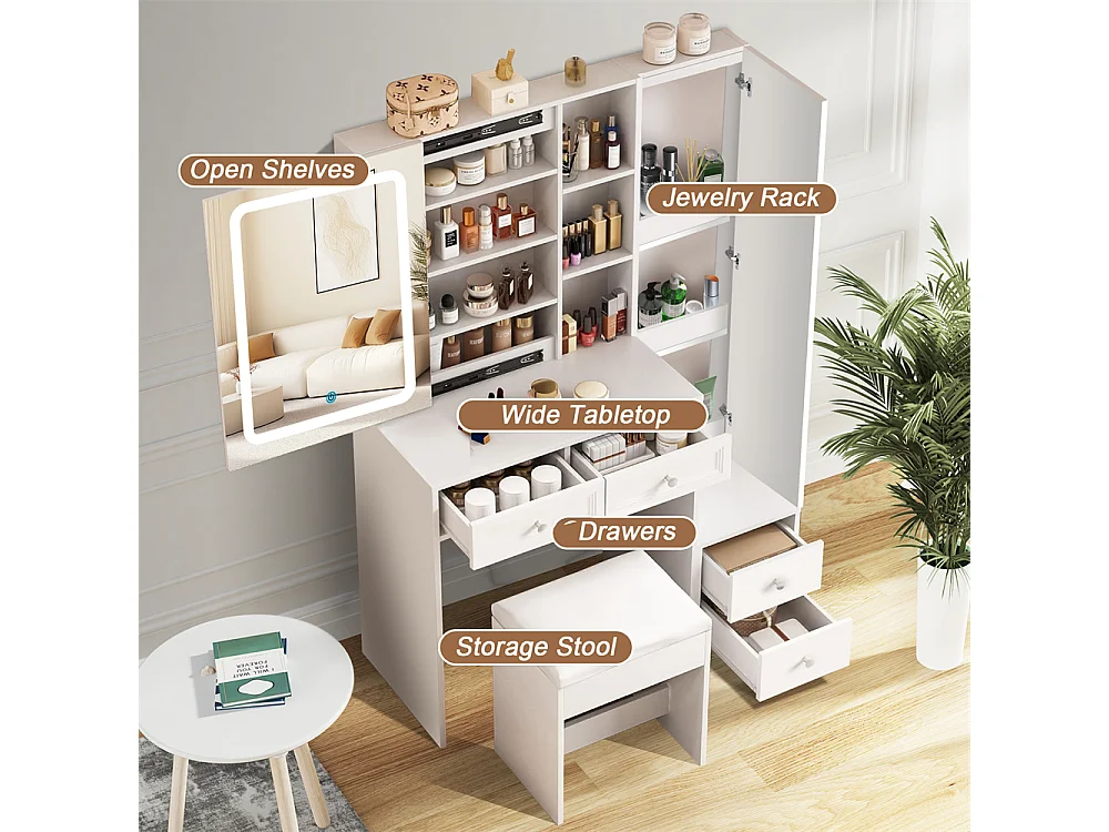 Cómoda Blanca con Espejo LED Tricolor Deslizante, 4 Cajones y Almacenaje Práctico – 100x40x142 cm