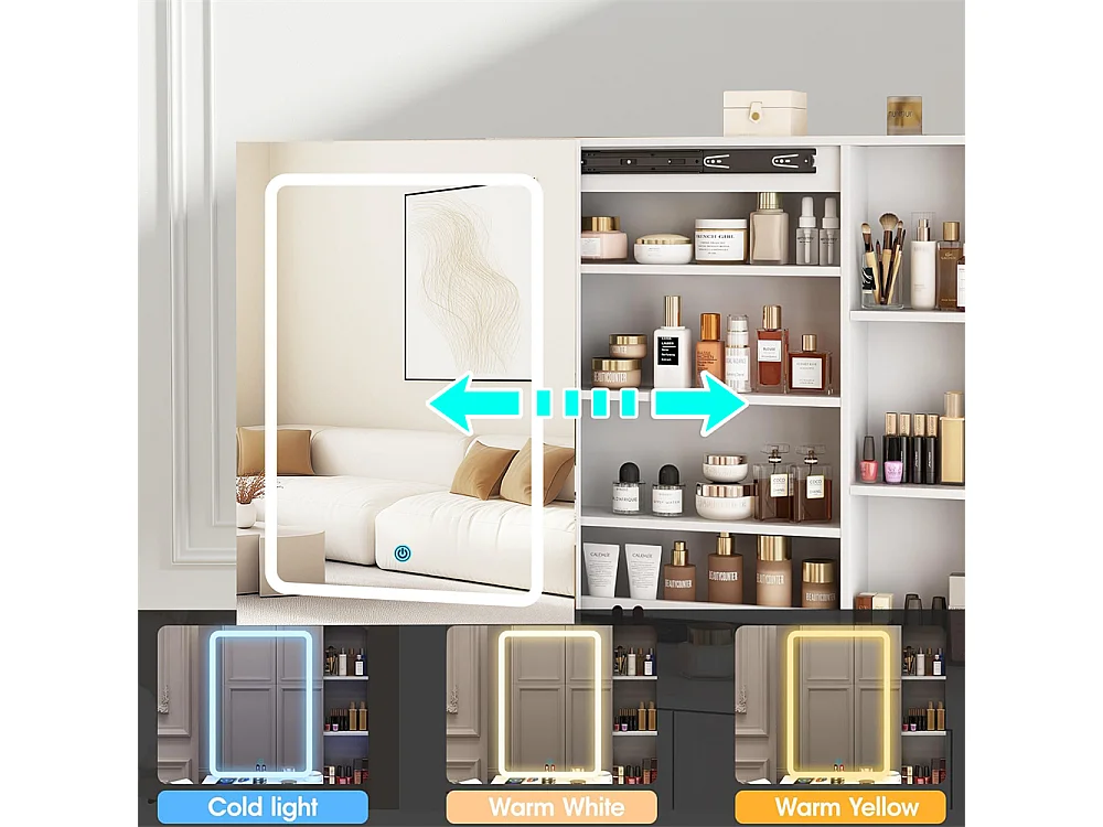 Cómoda Blanca con Espejo LED Tricolor Deslizante, 4 Cajones y Almacenaje Práctico – 100x40x142 cm
