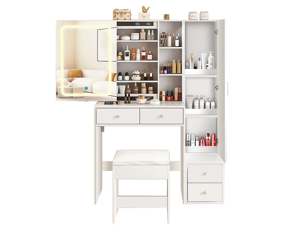 Cómoda Blanca con Espejo LED Tricolor Deslizante, 4 Cajones y Almacenaje Práctico – 100x40x142 cm