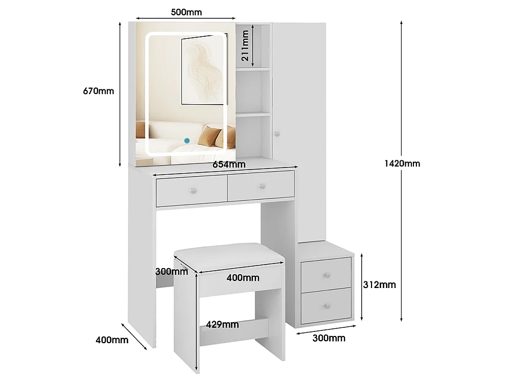 Cómoda Blanca con Espejo LED Tricolor Deslizante, 4 Cajones y Almacenaje Práctico – 100x40x142 cm