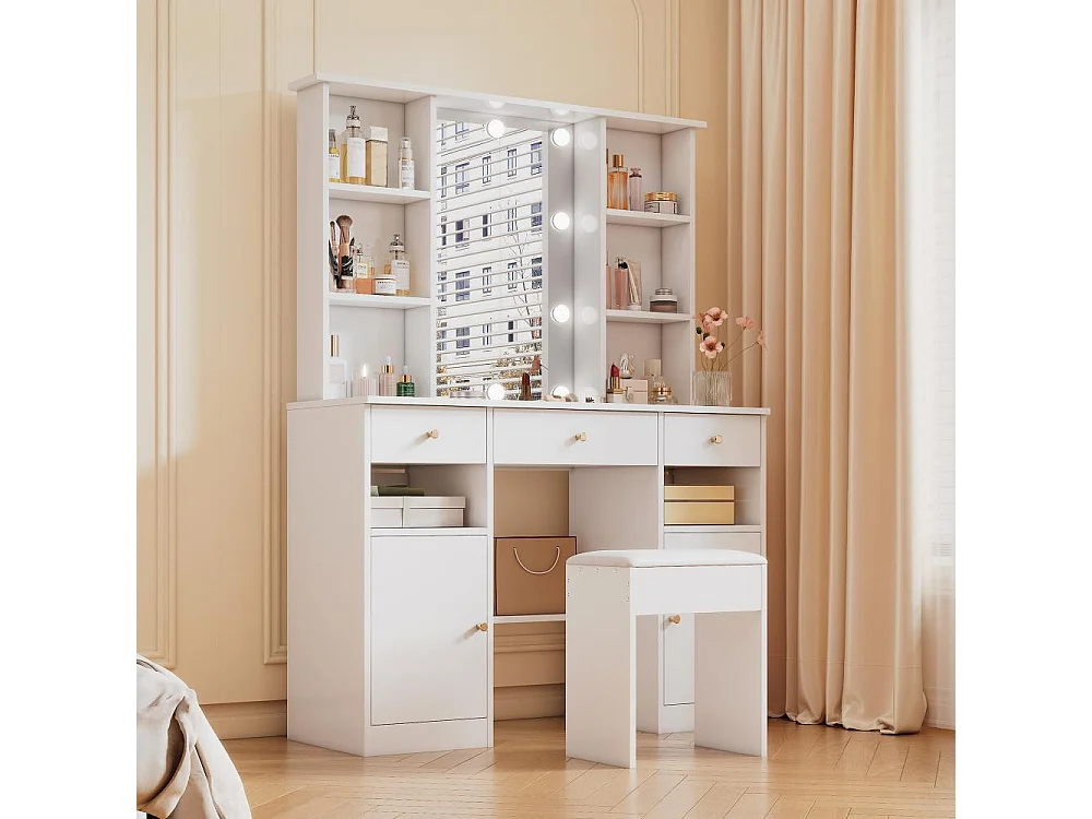 Gran tocador blanco 110 cm – 10 bombillas LED 3 colores, espejo 45x60 cm, 3 cajones, 2 puertas, taburete incluido – 151x110x40 cm