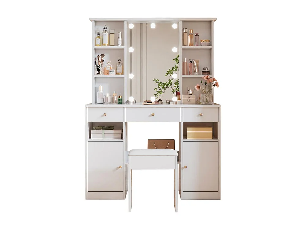 Gran tocador blanco 110 cm – 10 bombillas LED 3 colores, espejo 45x60 cm, 3 cajones, 2 puertas, taburete incluido – 151x110x40 cm