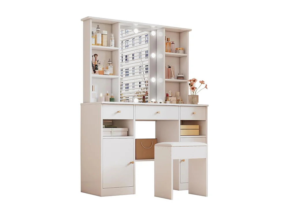 Gran tocador blanco 110 cm – 10 bombillas LED 3 colores, espejo 45x60 cm, 3 cajones, 2 puertas, taburete incluido – 151x110x40 cm