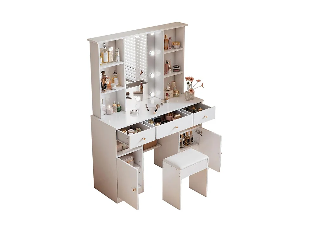 Gran tocador blanco 110 cm – 10 bombillas LED 3 colores, espejo 45x60 cm, 3 cajones, 2 puertas, taburete incluido – 151x110x40 cm