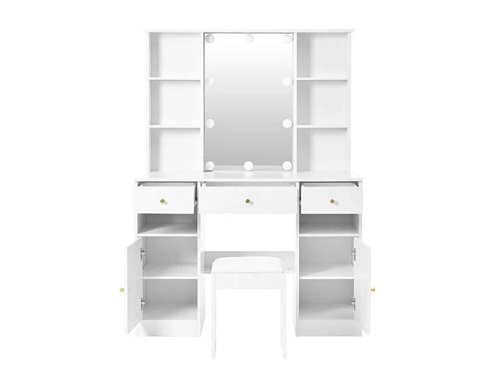 Gran tocador blanco 110 cm – 10 bombillas LED 3 colores, espejo 45x60 cm, 3 cajones, 2 puertas, taburete incluido – 151x110x40 cm