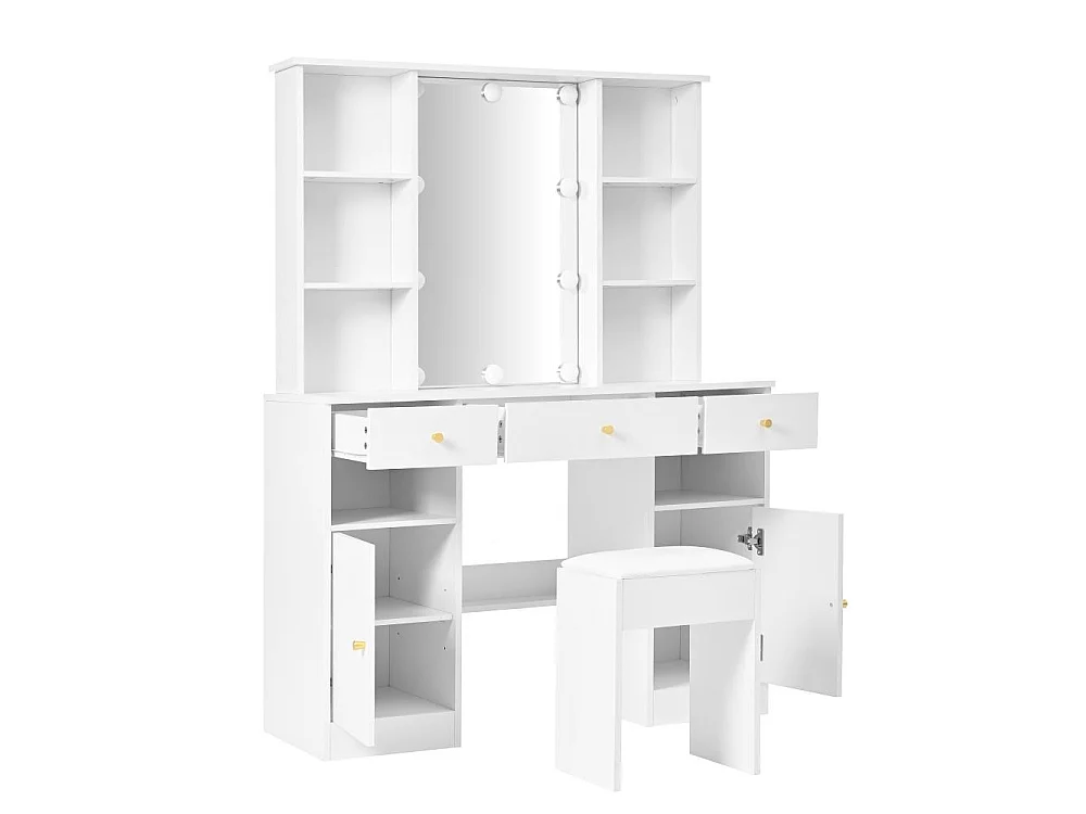 Gran tocador blanco 110 cm – 10 bombillas LED 3 colores, espejo 45x60 cm, 3 cajones, 2 puertas, taburete incluido – 151x110x40 cm