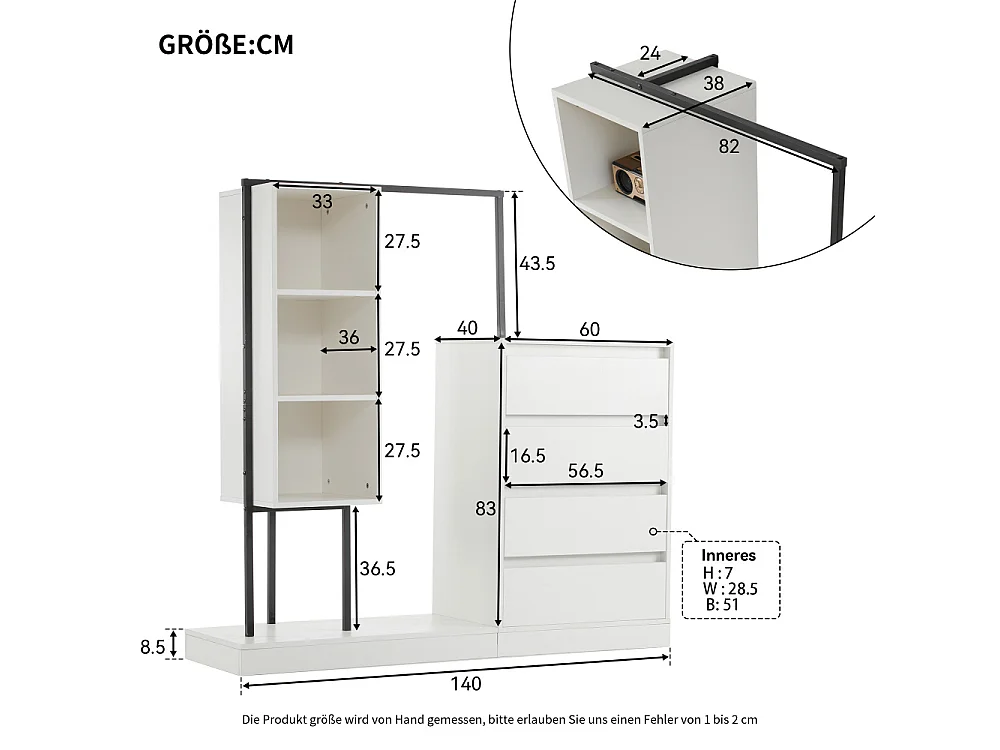 Ladekast met kledingkast, dressingkast met 4 laden, 3 planken en kledingroede, 140 × 40 × 135 cm