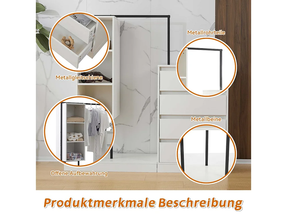 Ladekast met kledingkast, dressingkast met 4 laden, 3 planken en kledingroede, 140 × 40 × 135 cm