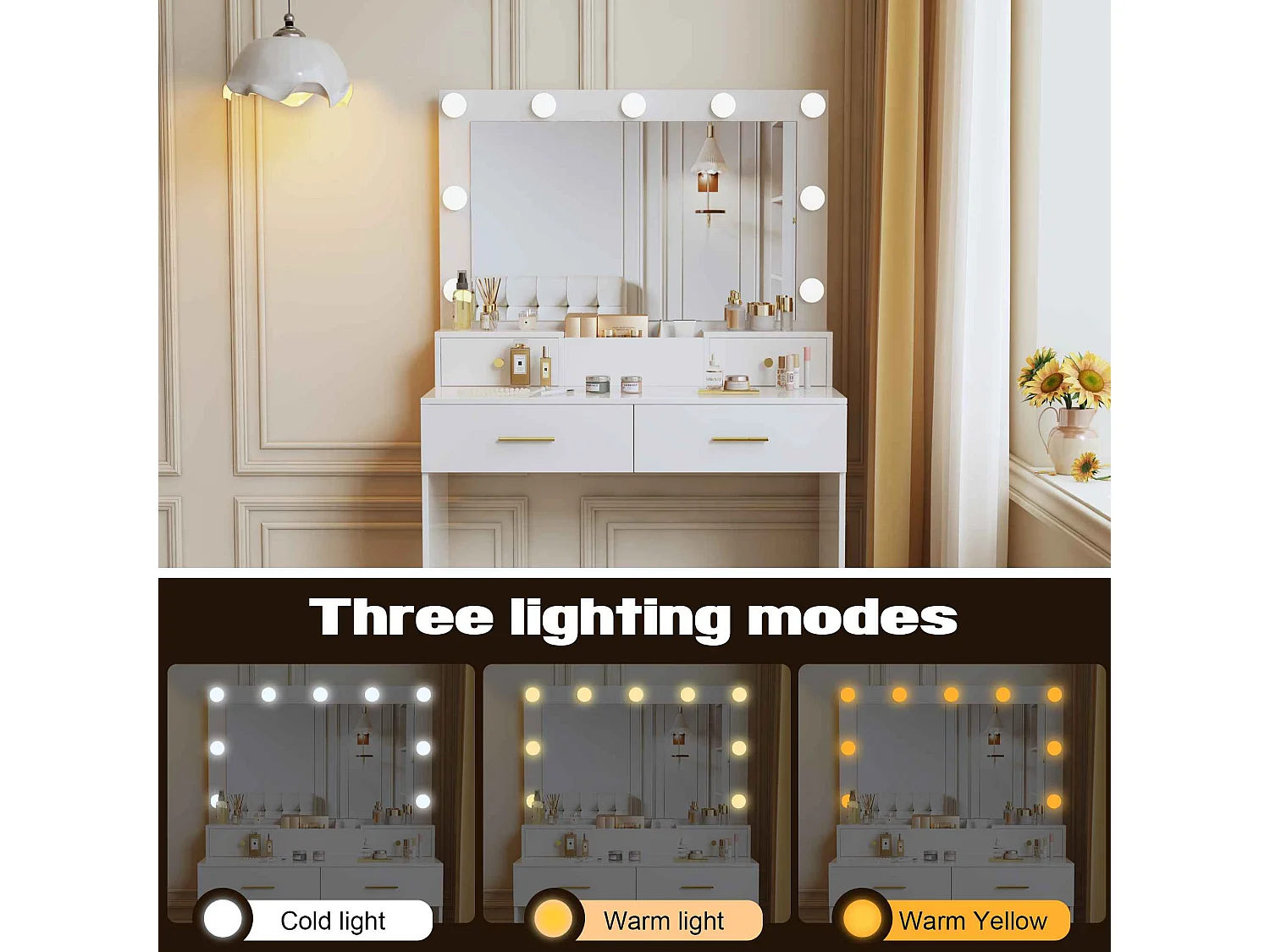 Espejo de Maquillaje de Lujo con 9 Bombillas Ajustables, 3 Modos de Iluminación y Cajones para Joyas y Cosméticos