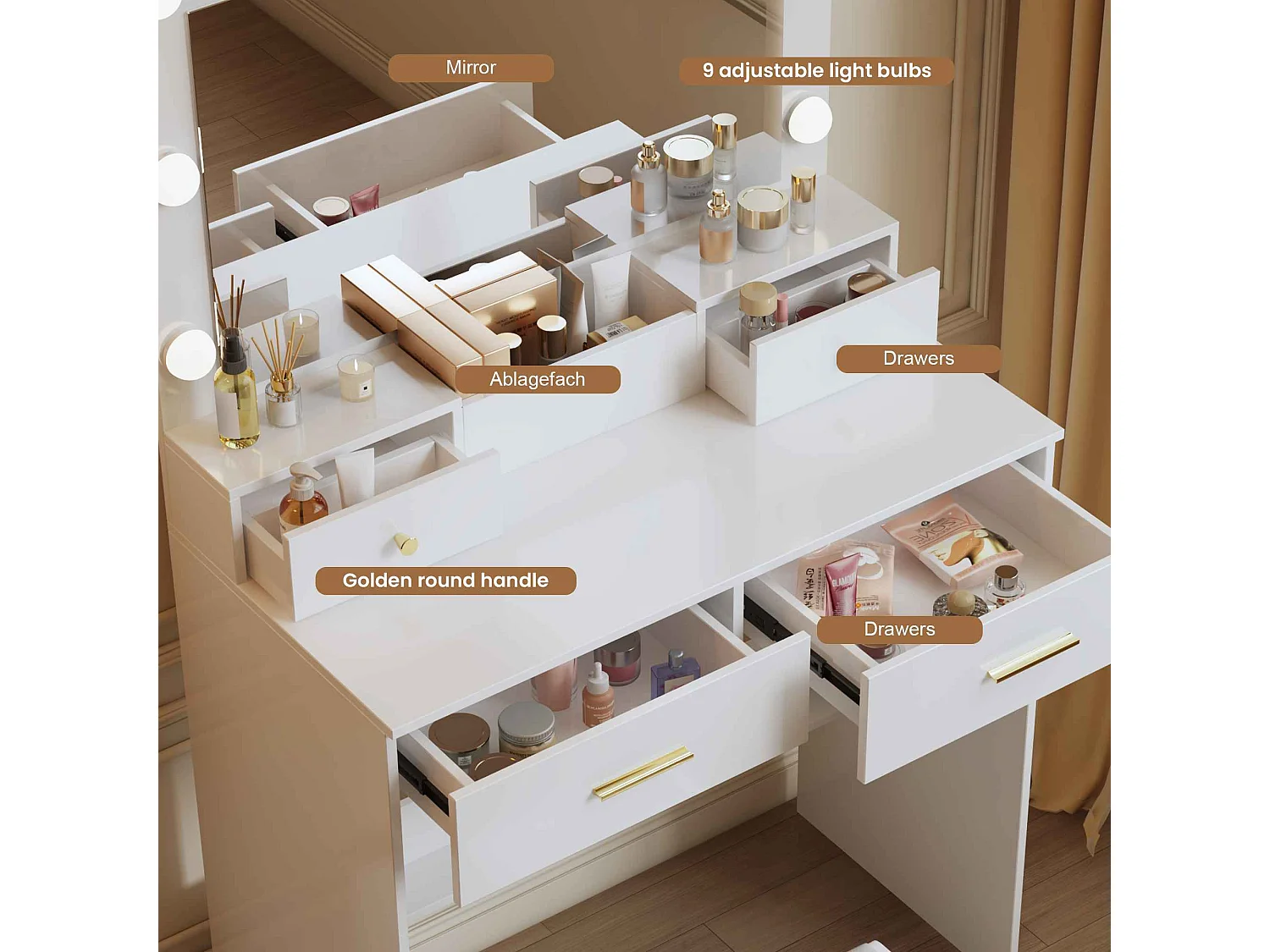 Espejo de Maquillaje de Lujo con 9 Bombillas Ajustables, 3 Modos de Iluminación y Cajones para Joyas y Cosméticos
