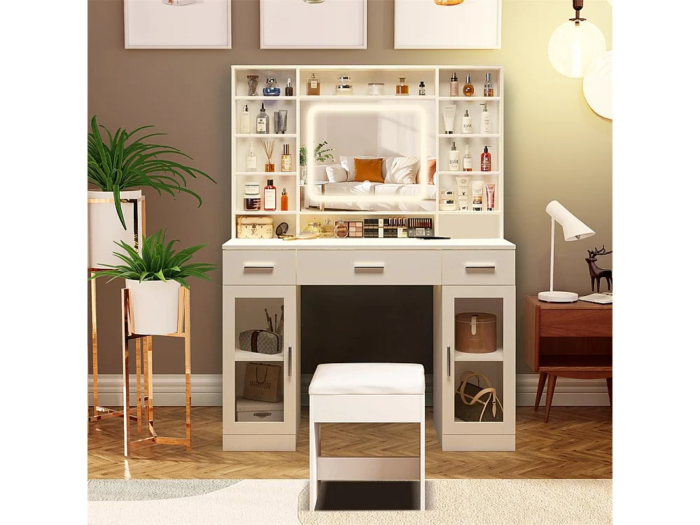 Vanidad de Maquillaje LED con Espejo Deslizante, 5 Cajones, Taburete de Almacenamiento, 3 Colores, Puerto USB – Elegancia, 110x40x140 cm