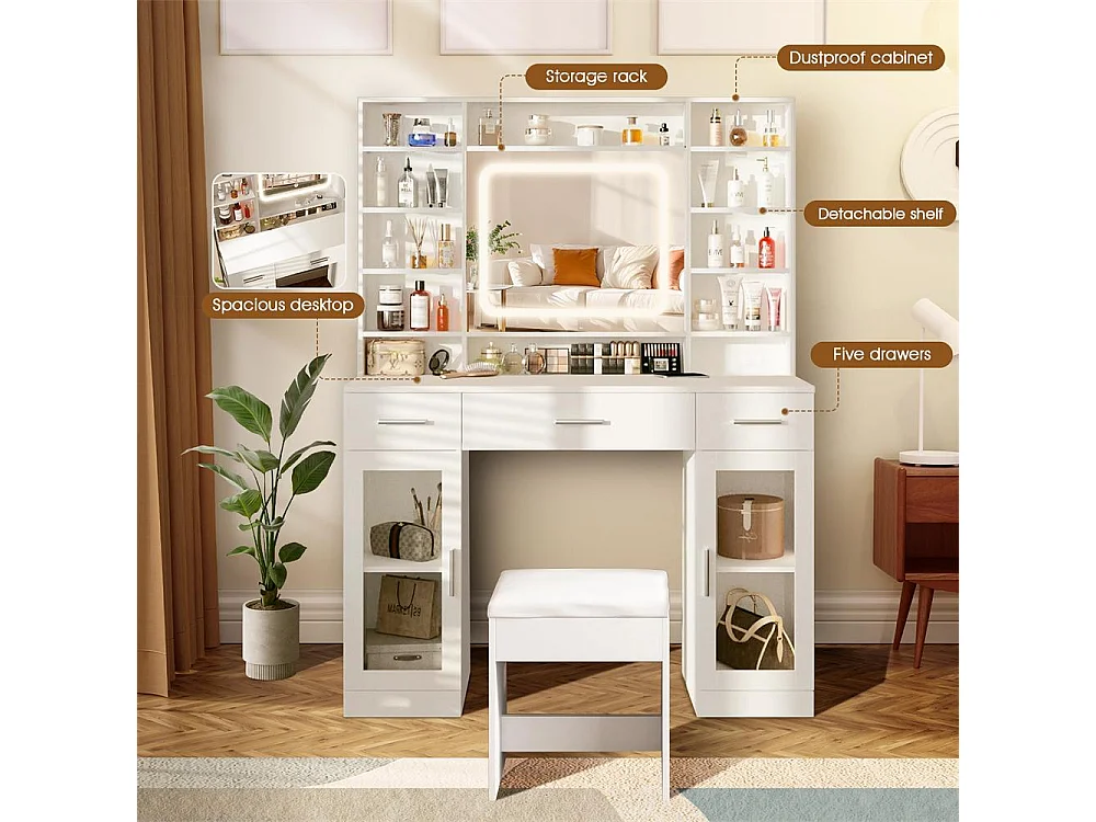 Vanidad de Maquillaje LED con Espejo Deslizante, 5 Cajones, Taburete de Almacenamiento, 3 Colores, Puerto USB – Elegancia, 110x40x140 cm