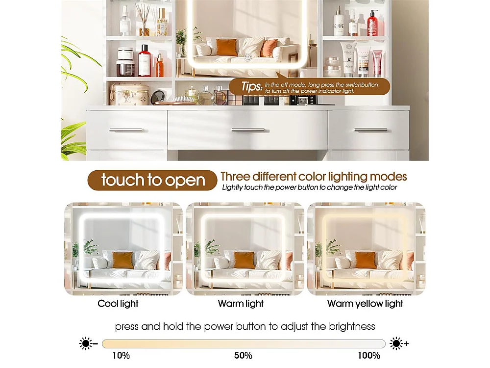 Vanidad de Maquillaje LED con Espejo Deslizante, 5 Cajones, Taburete de Almacenamiento, 3 Colores, Puerto USB – Elegancia, 110x40x140 cm