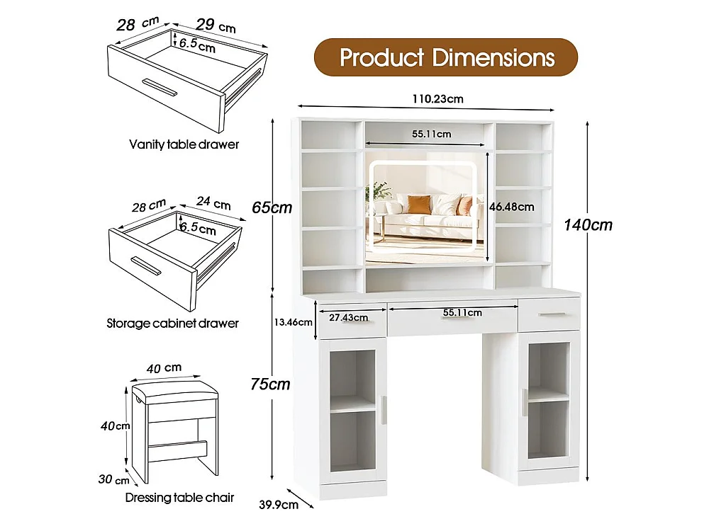 Vanidad de Maquillaje LED con Espejo Deslizante, 5 Cajones, Taburete de Almacenamiento, 3 Colores, Puerto USB – Elegancia, 110x40x140 cm
