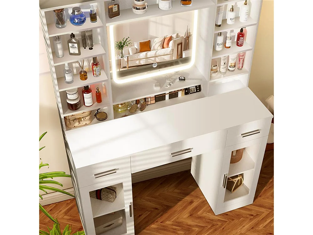 Vanidad de Maquillaje LED con Espejo Deslizante, 5 Cajones, Taburete de Almacenamiento, 3 Colores, Puerto USB – Elegancia, 110x40x140 cm