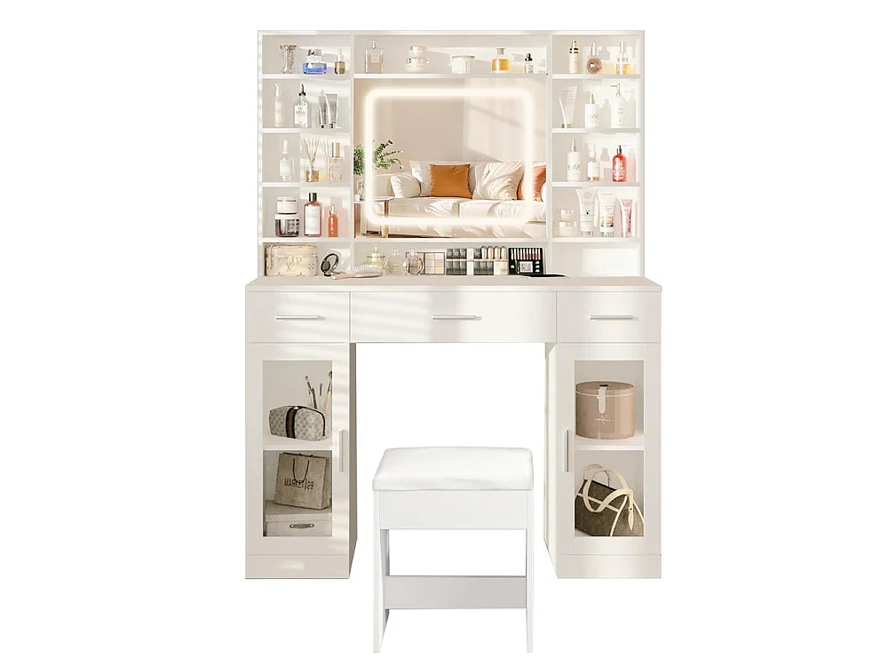 Vanidad de Maquillaje LED con Espejo Deslizante, 5 Cajones, Taburete de Almacenamiento, 3 Colores, Puerto USB – Elegancia, 110x40x140 cm