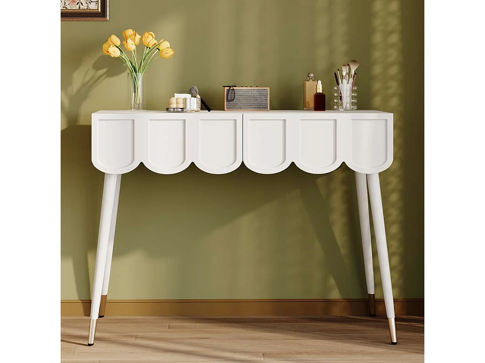 Mesa maquillaje blanca 100 cm – 2 cajones dorados, patas metal cónicas, escritorio PC – L100/P40/H76 cm