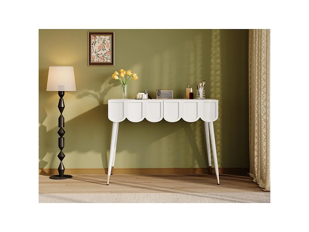 Mesa maquillaje blanca 100 cm – 2 cajones dorados, patas metal cónicas, escritorio PC – L100/P40/H76 cm
