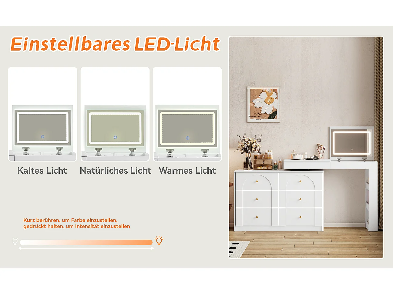 Tocador Giratorio con Espejo LED y 7 Cajones, Escritorio y Unidad de Maquillaje de Diseño Elegante, Blanco, 105×40×80cm