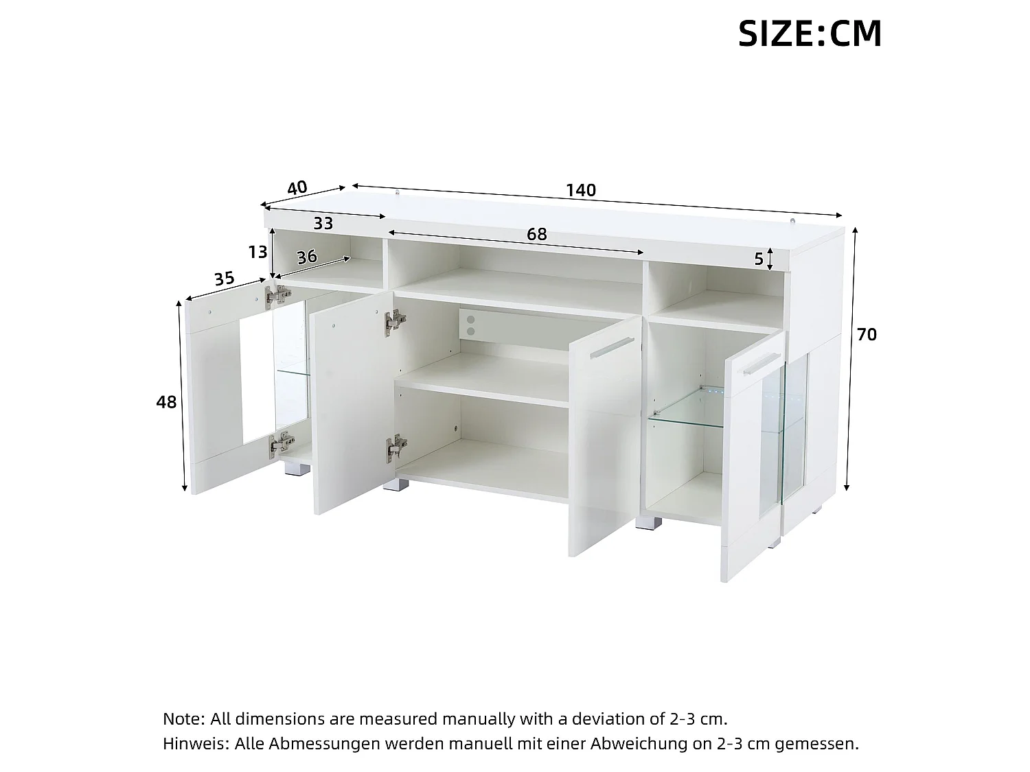 Buffet para salón, buffet brillante con iluminación LED - 140 x 40 x 70 cm, superficie de vidrio, 3 compartimentos, en MDF