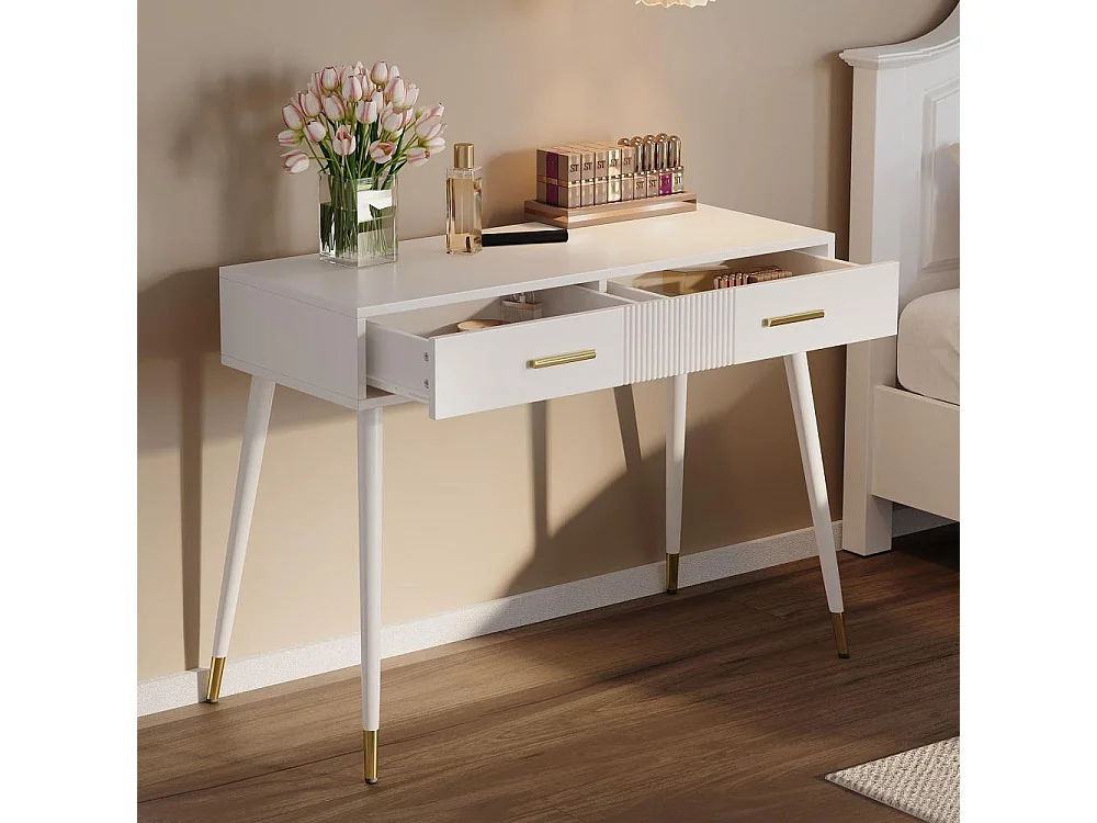 Tocador blanco 100 cm – patas metal, 2 cajones, tablero efecto mármol, espejo LED 3 colores incluido – 100x40x76 cm