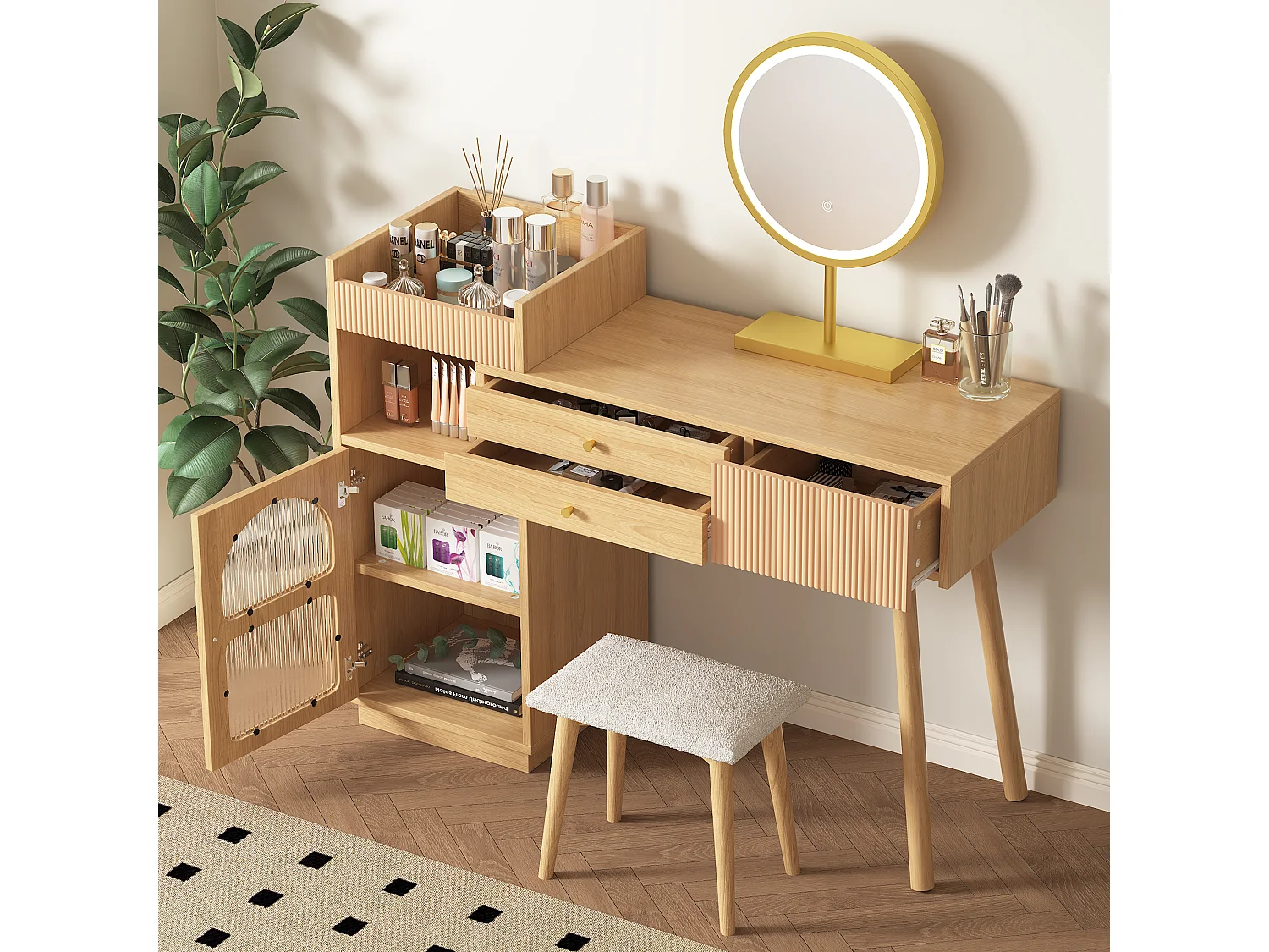 Coiffeuse avec Miroir LED, Éclairage à 3 Couleurs, Rangement Spacieux en Bois pour Chambre et Studio
