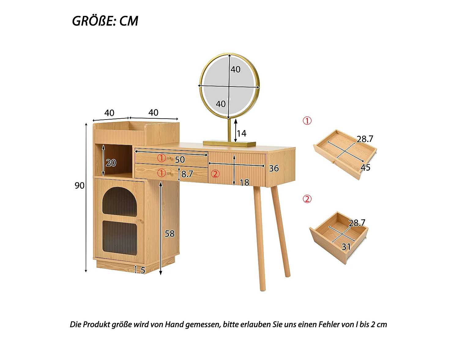 Coiffeuse avec Miroir LED, Éclairage à 3 Couleurs, Rangement Spacieux en Bois pour Chambre et Studio