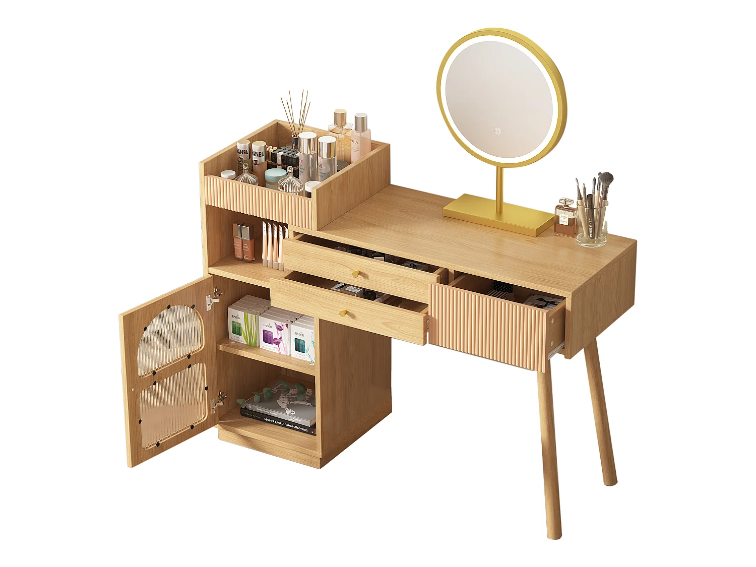 Coiffeuse avec Miroir LED, Éclairage à 3 Couleurs, Rangement Spacieux en Bois pour Chambre et Studio