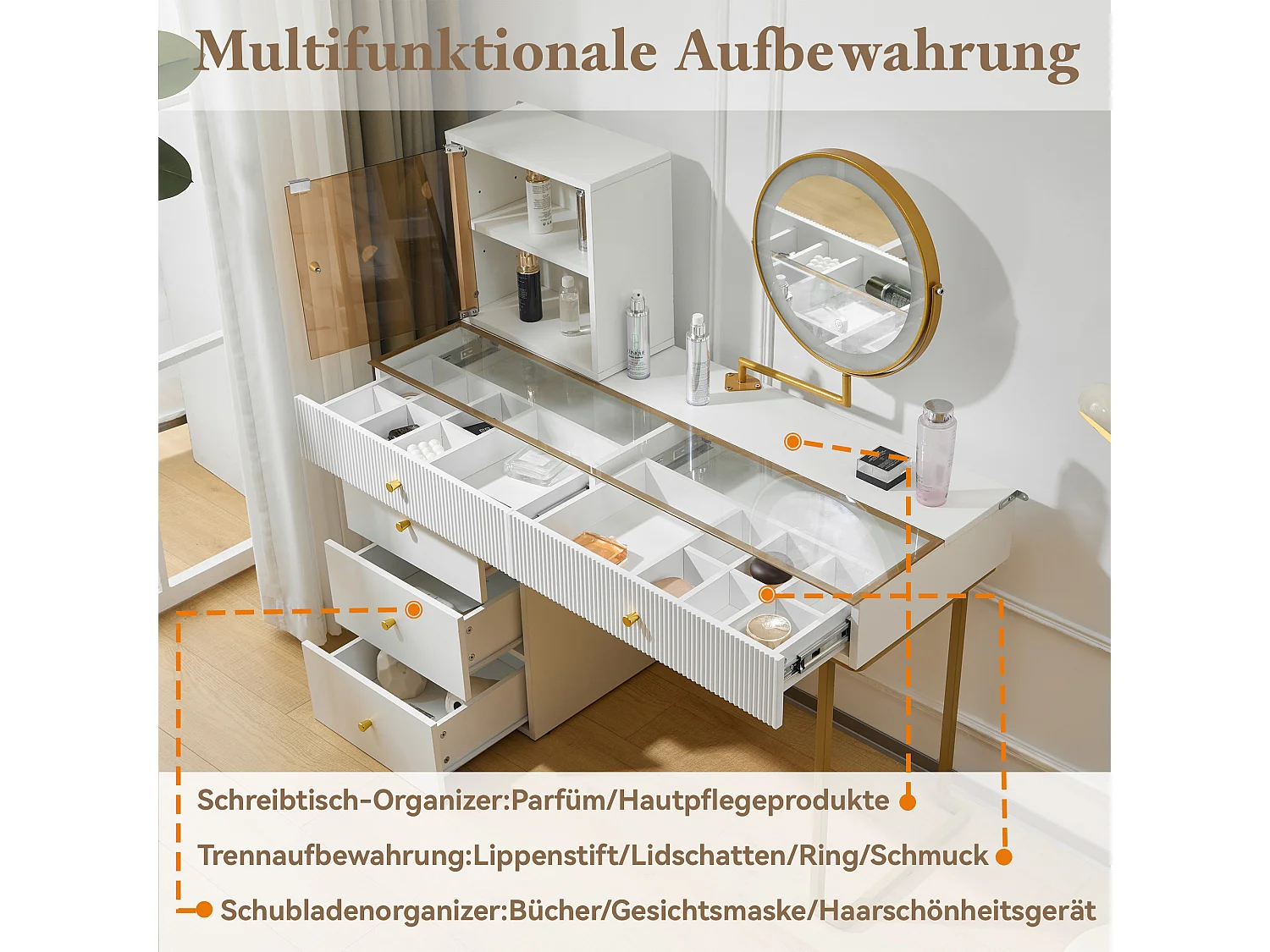 Tocador Moderno con Espejo LED, Mesa de Cristal Templado, Almacenamiento Flexible y Diseño Elegante, Blanco