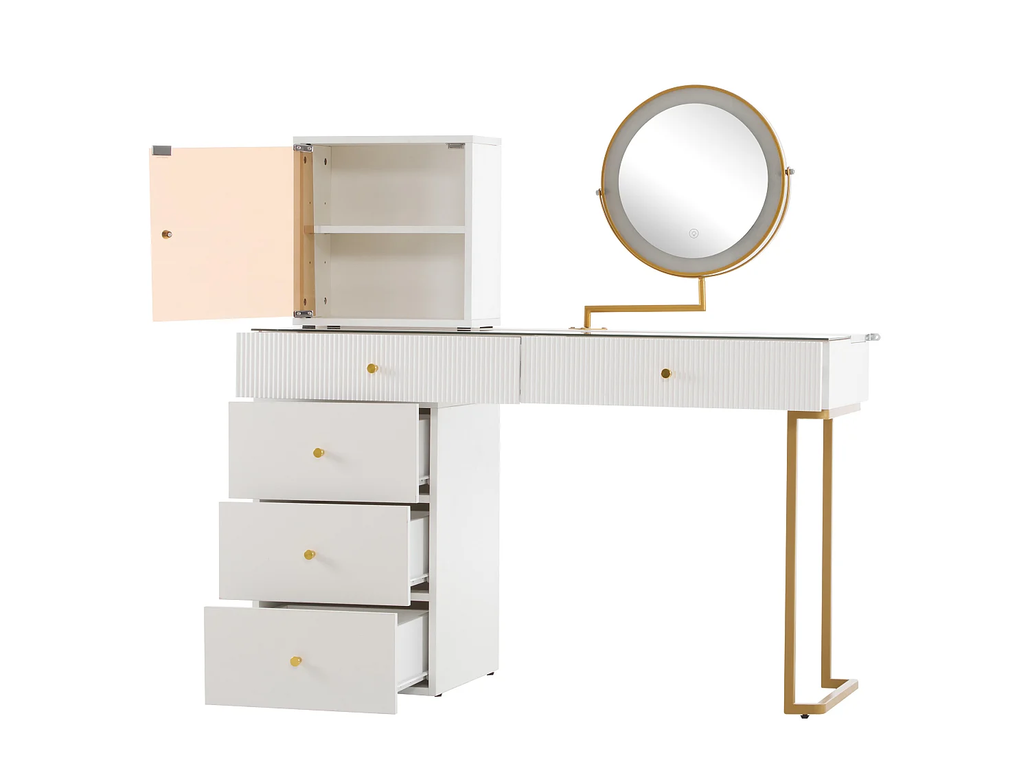 Tocador Moderno con Espejo LED, Mesa de Cristal Templado, Almacenamiento Flexible y Diseño Elegante, Blanco