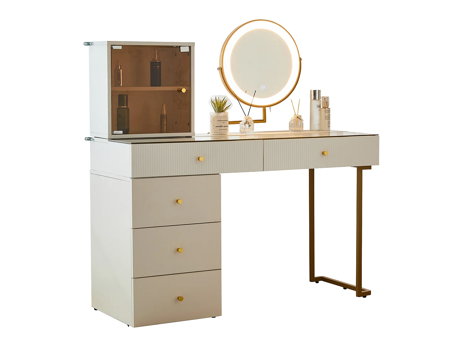 Tocador Moderno con Espejo LED, Mesa de Cristal Templado, Almacenamiento Flexible y Diseño Elegante, Blanco