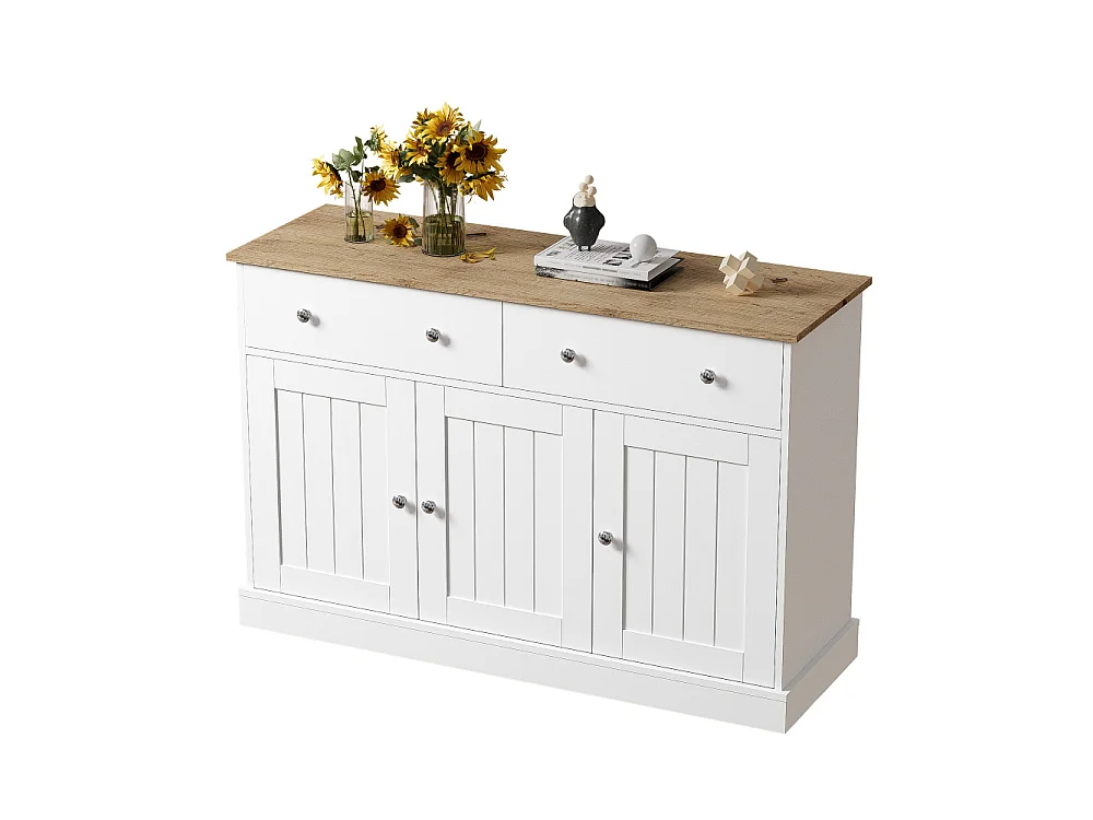 Aparador Moderno en Madera y Blanco con Grabado, 3 Puertas y 2 Cajones, Almacenamiento Elegante para Sala