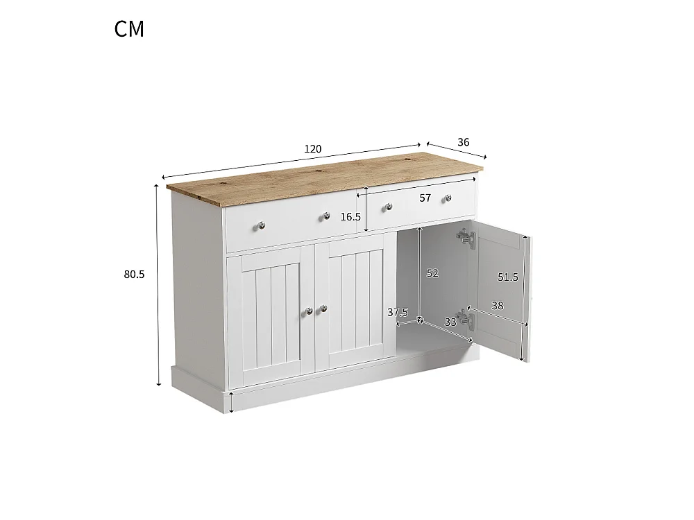 Aparador Moderno en Madera y Blanco con Grabado, 3 Puertas y 2 Cajones, Almacenamiento Elegante para Sala