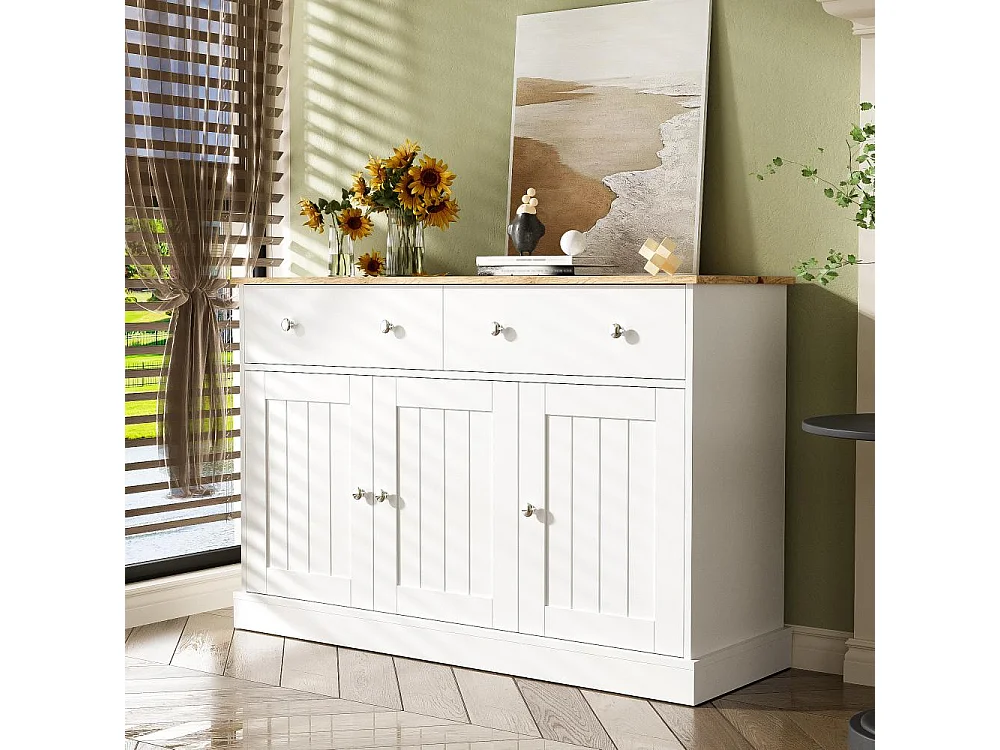 Aparador Moderno en Madera y Blanco con Grabado, 3 Puertas y 2 Cajones, Almacenamiento Elegante para Sala