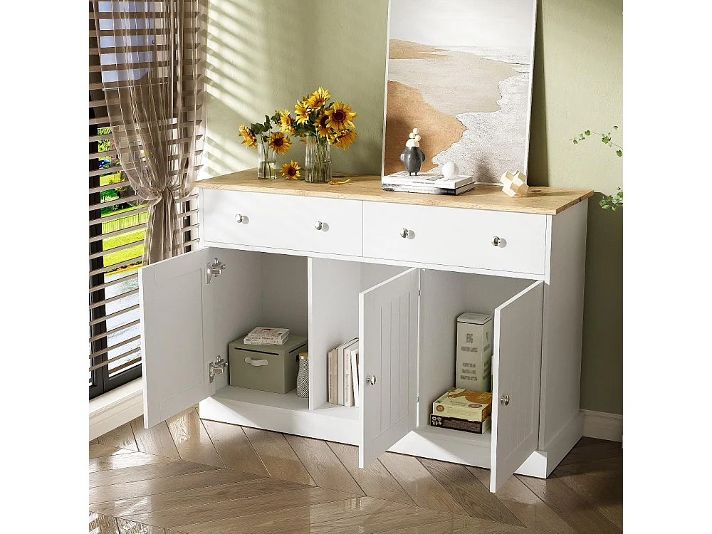 Aparador Moderno en Madera y Blanco con Grabado, 3 Puertas y 2 Cajones, Almacenamiento Elegante para Sala