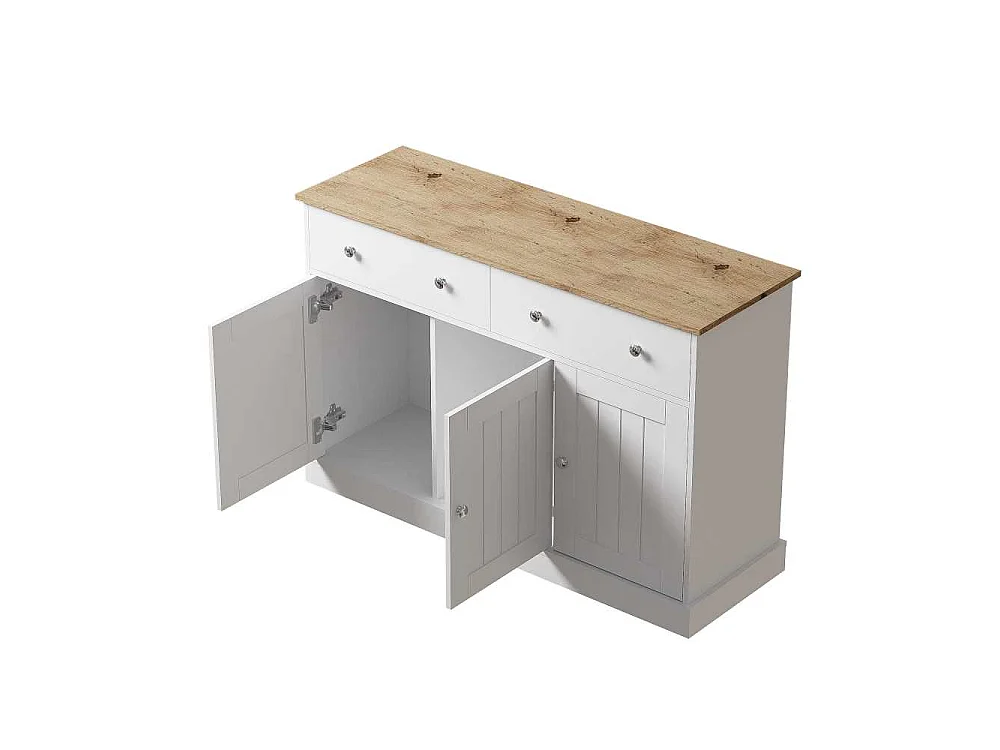 Aparador Moderno en Madera y Blanco con Grabado, 3 Puertas y 2 Cajones, Almacenamiento Elegante para Sala