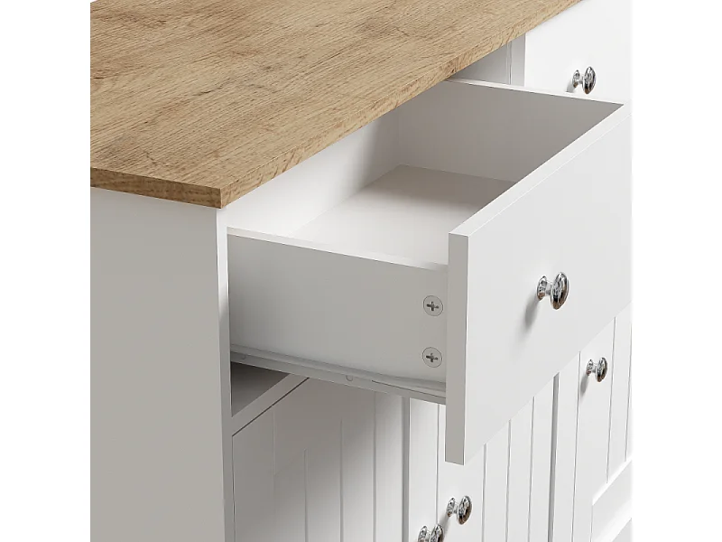 Aparador Moderno en Madera y Blanco con Grabado, 3 Puertas y 2 Cajones, Almacenamiento Elegante para Sala