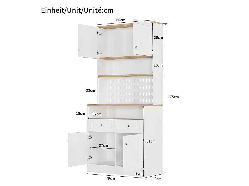 Aparador blanco elegante con 2 cajones y 4 puertas, buffet multifuncional para cocina, comedor y sala con amplio almacenamiento