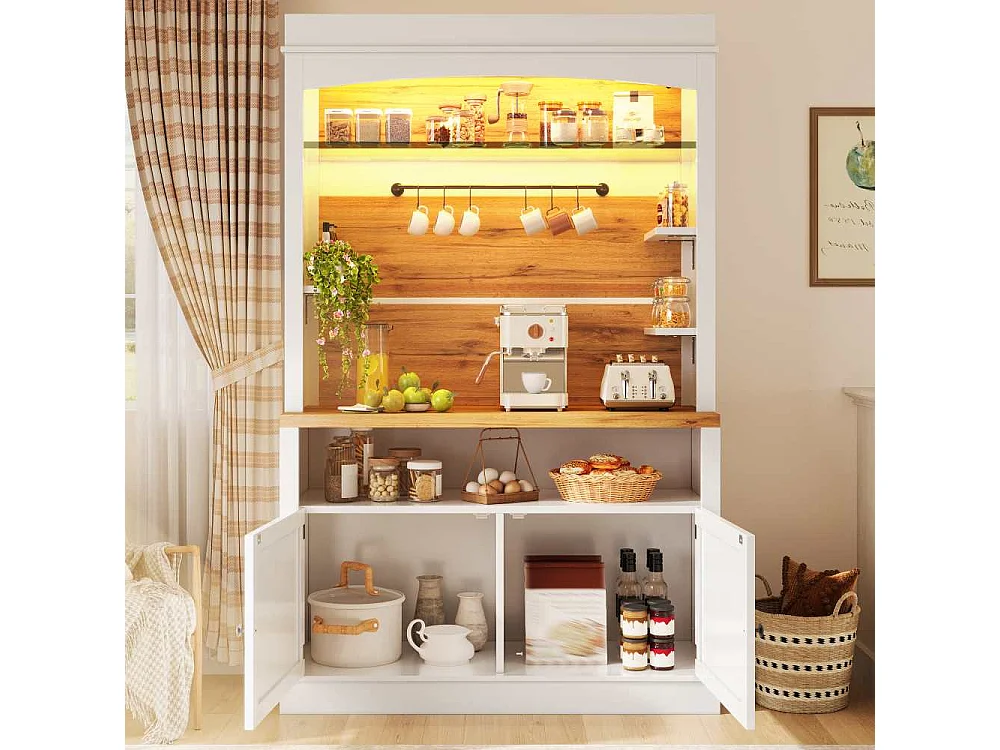 Armario de cocina alto, vitrina LED con estantes abiertos, control mediante aplicación USB, espacio de almacenamiento y dispositivo antivuelco