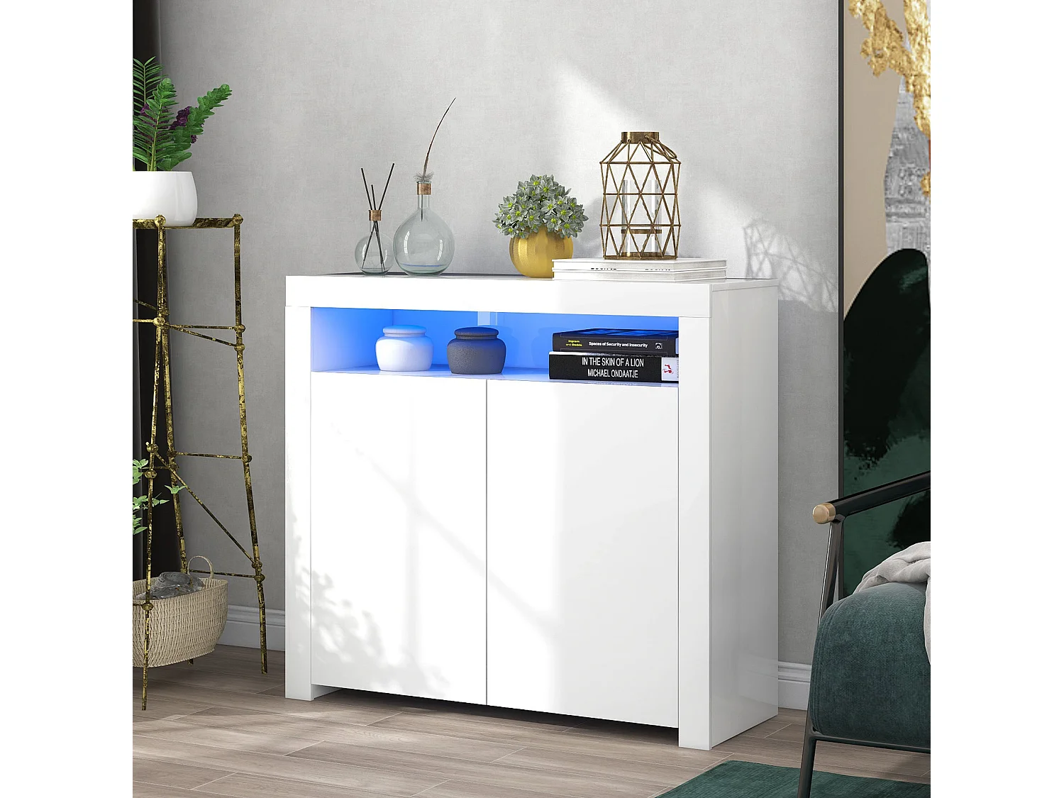 Comodidad Sideboard Moderno con Iluminación LED Multicolor, Buffet de Madera Blanca con 2 Puertas y Espacio de Almacenaje, Mueble TV, 108x40x92 cm