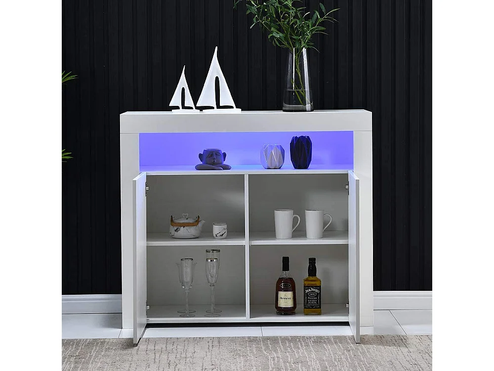 Comodidad Sideboard Moderno con Iluminación LED Multicolor, Buffet de Madera Blanca con 2 Puertas y Espacio de Almacenaje, Mueble TV, 108x40x92 cm