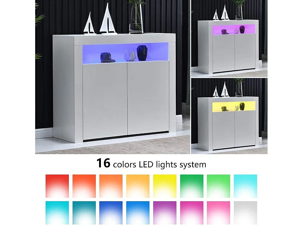 Comodidad Sideboard Moderno con Iluminación LED Multicolor, Buffet de Madera Blanca con 2 Puertas y Espacio de Almacenaje, Mueble TV, 108x40x92 cm